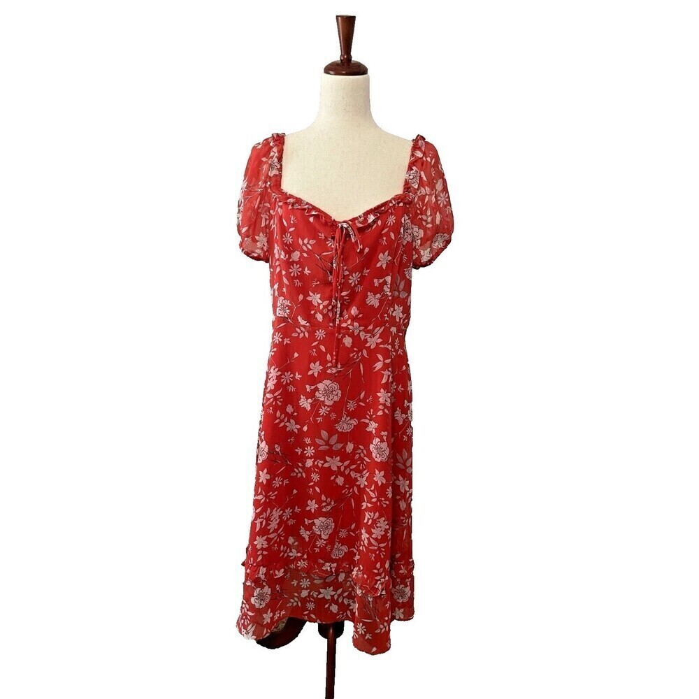 Gianni Bini Womens Knee Length Dress Size 12 Floral Chiffon Puff Sleeve Peasant - Picture 2 of 12